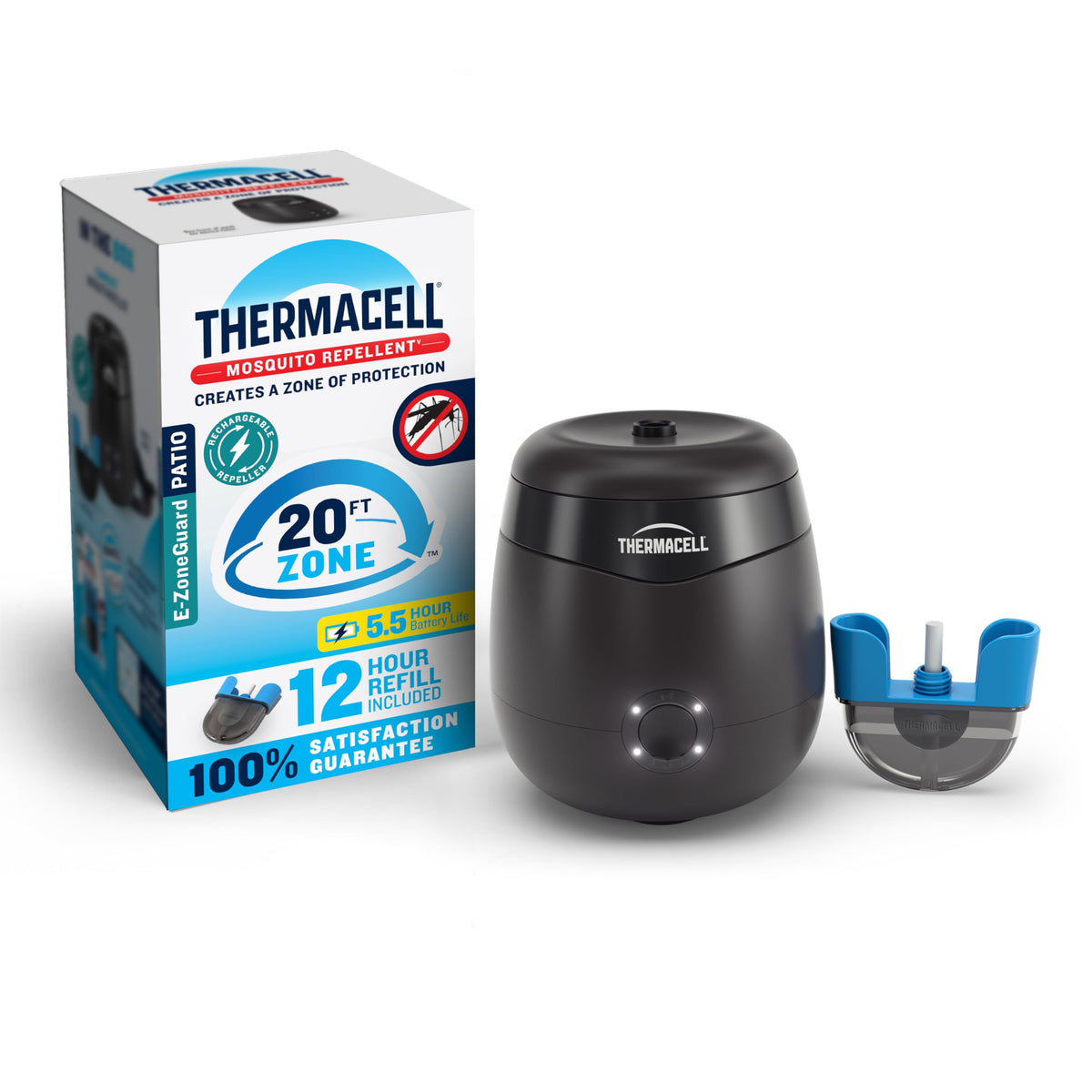 Thermacell E-ZoneGuard front view showing compact repeller and protection benefit