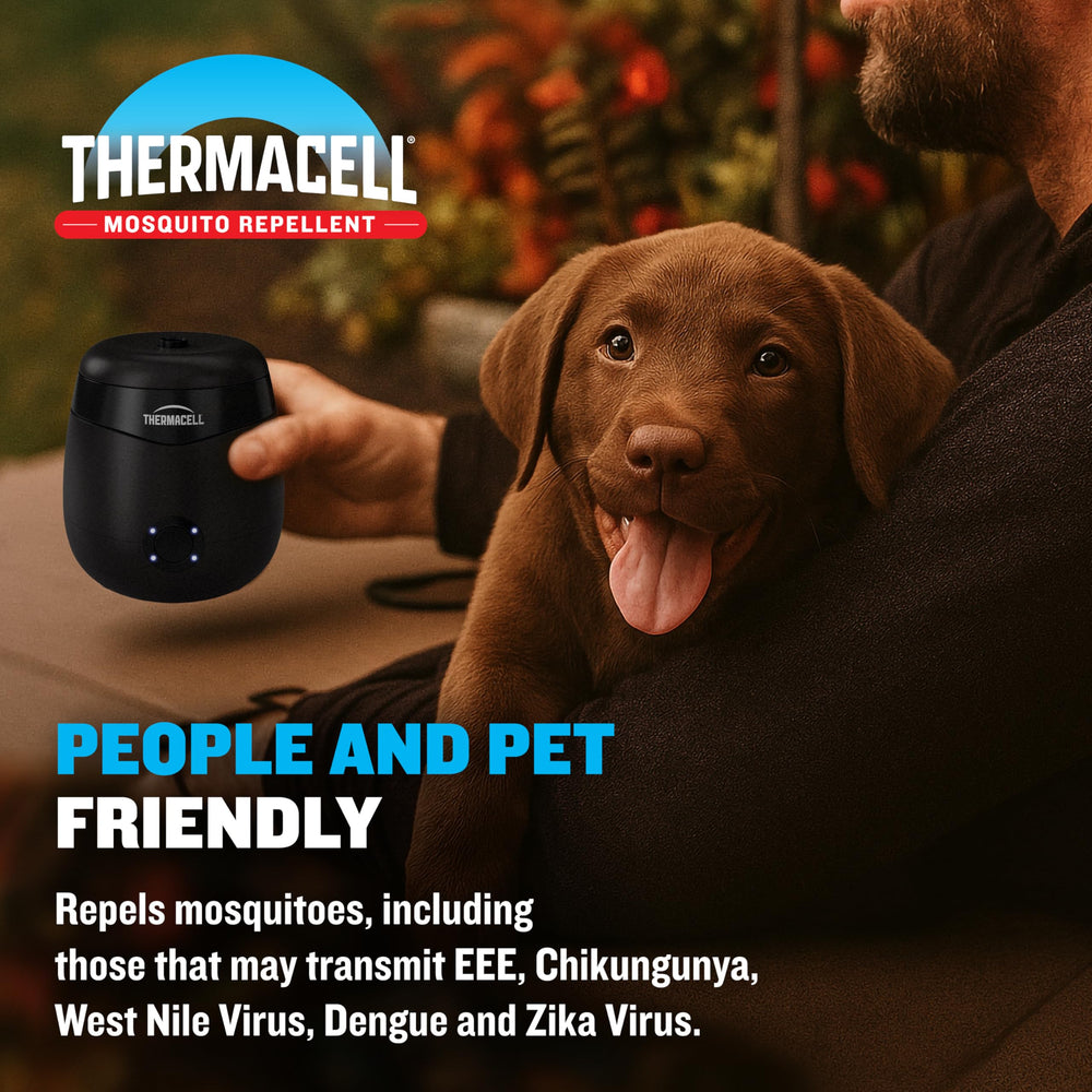 Thermacell E-ZoneGuard positioned on a patio protecting diners from mosquitoes