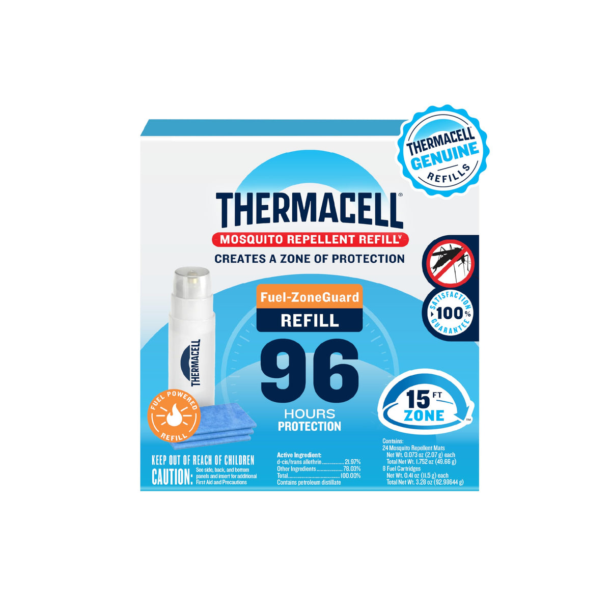 Thermacell front packaging showing refill pack and 96-hour benefit