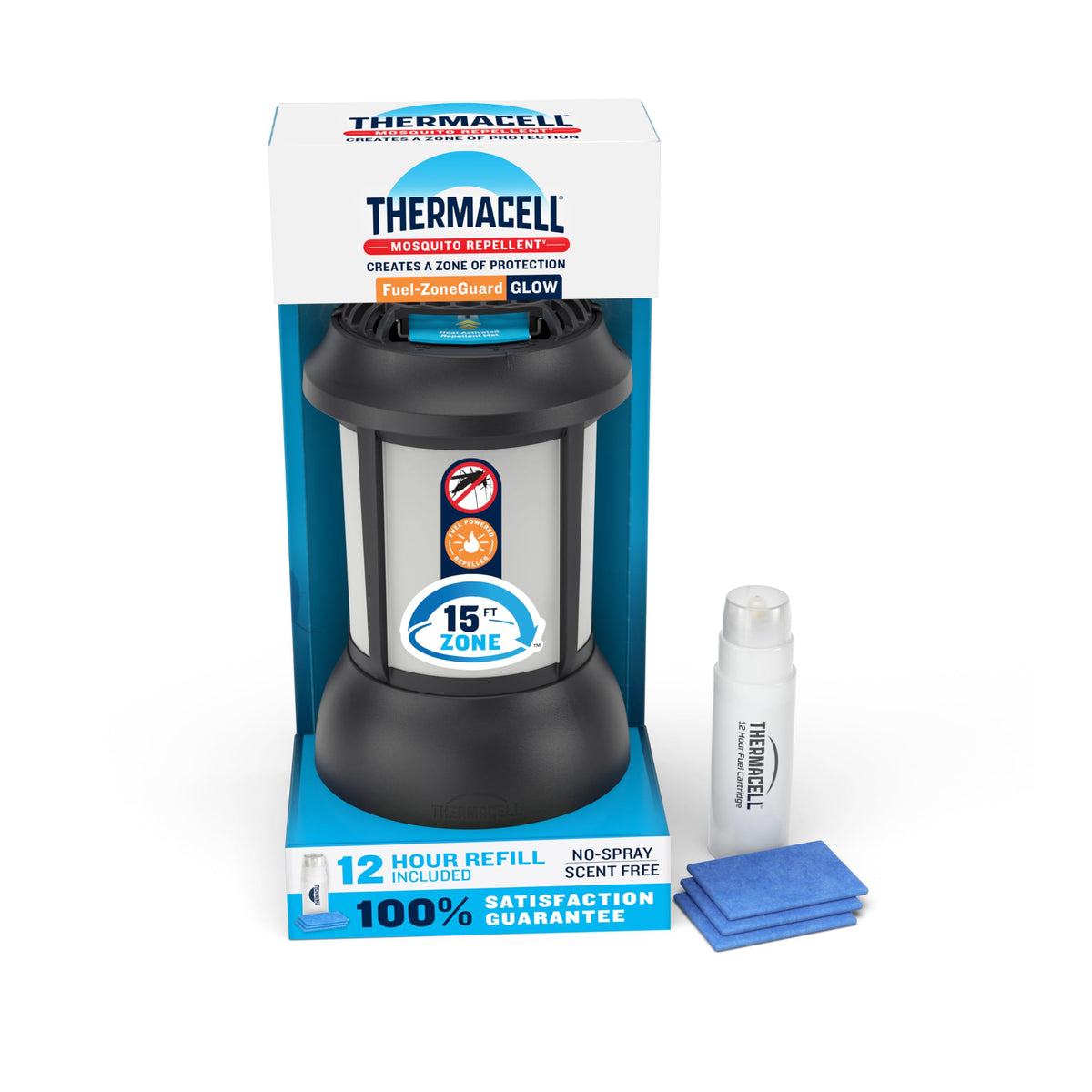 Thermacell front view lantern showing compact design and clear protection benefits