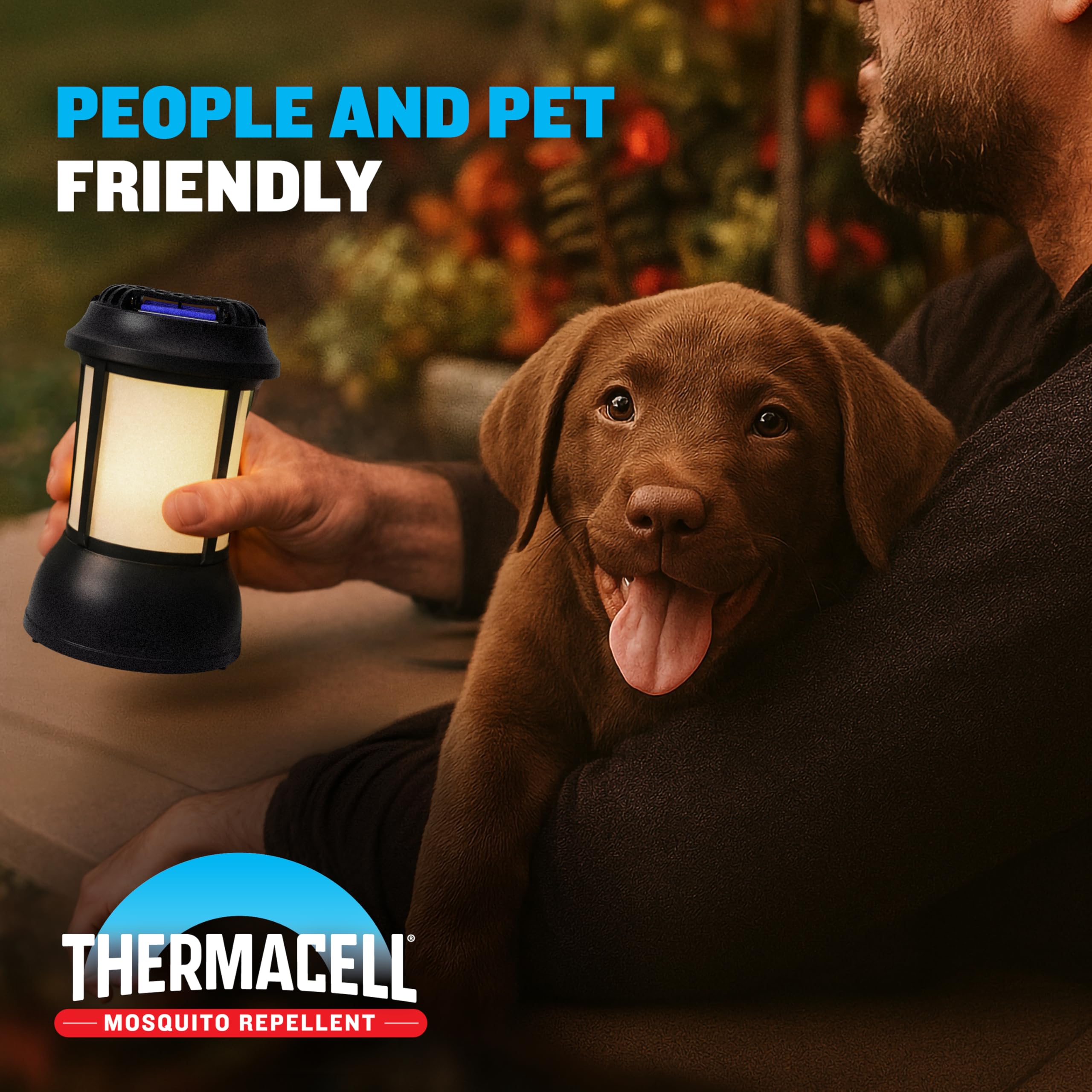 Thermacell lantern lit at night providing functional light and mosquito protection