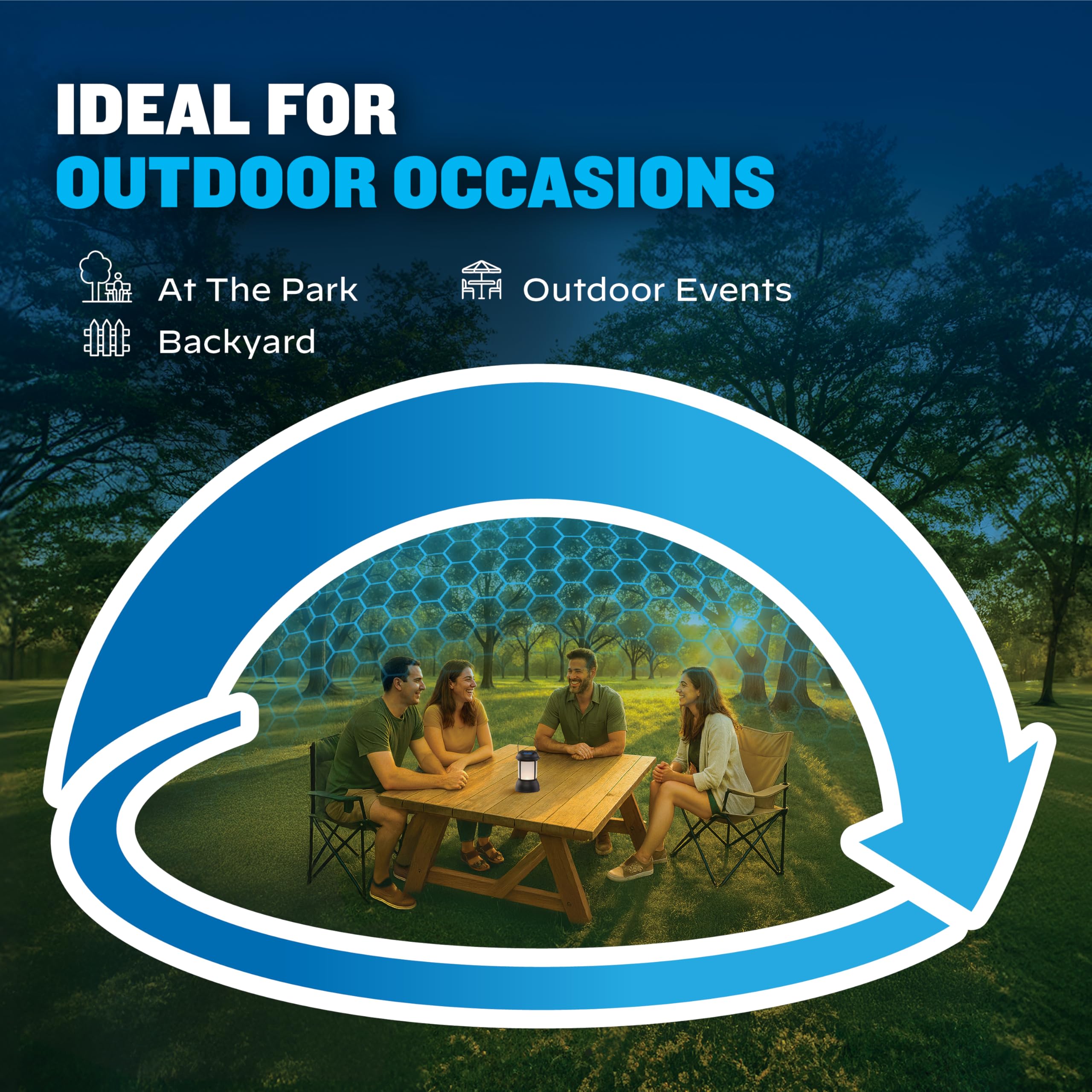 Thermacell on a patio table with people enjoying outdoors without mosquitoes