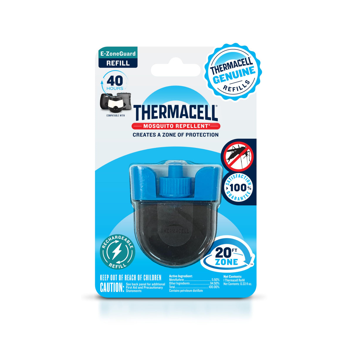 Thermacell empaque frontal mostrando recambio y beneficios portátiles