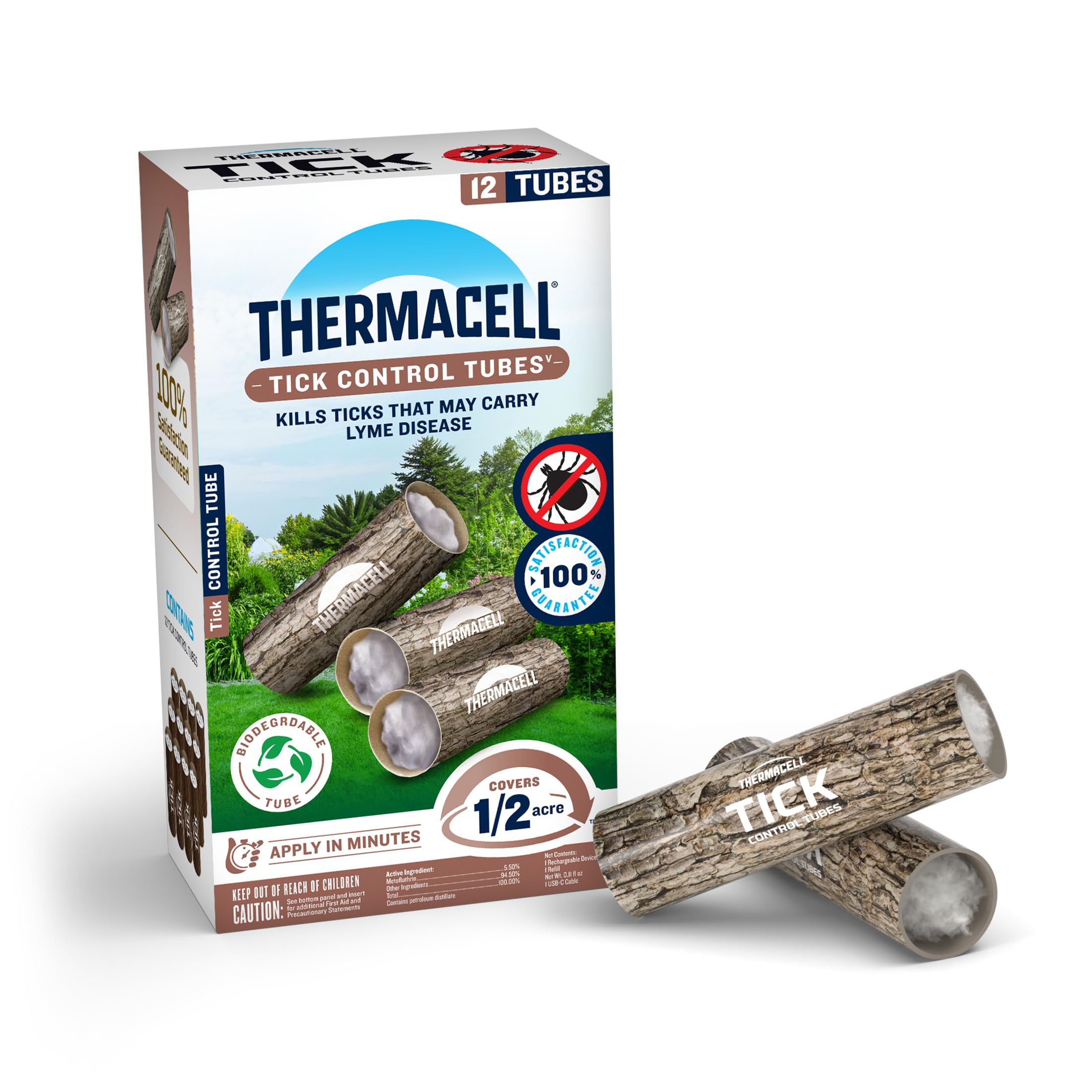Thermacell paquete frontal mostrando 12 tubos y beneficio de protección localizada