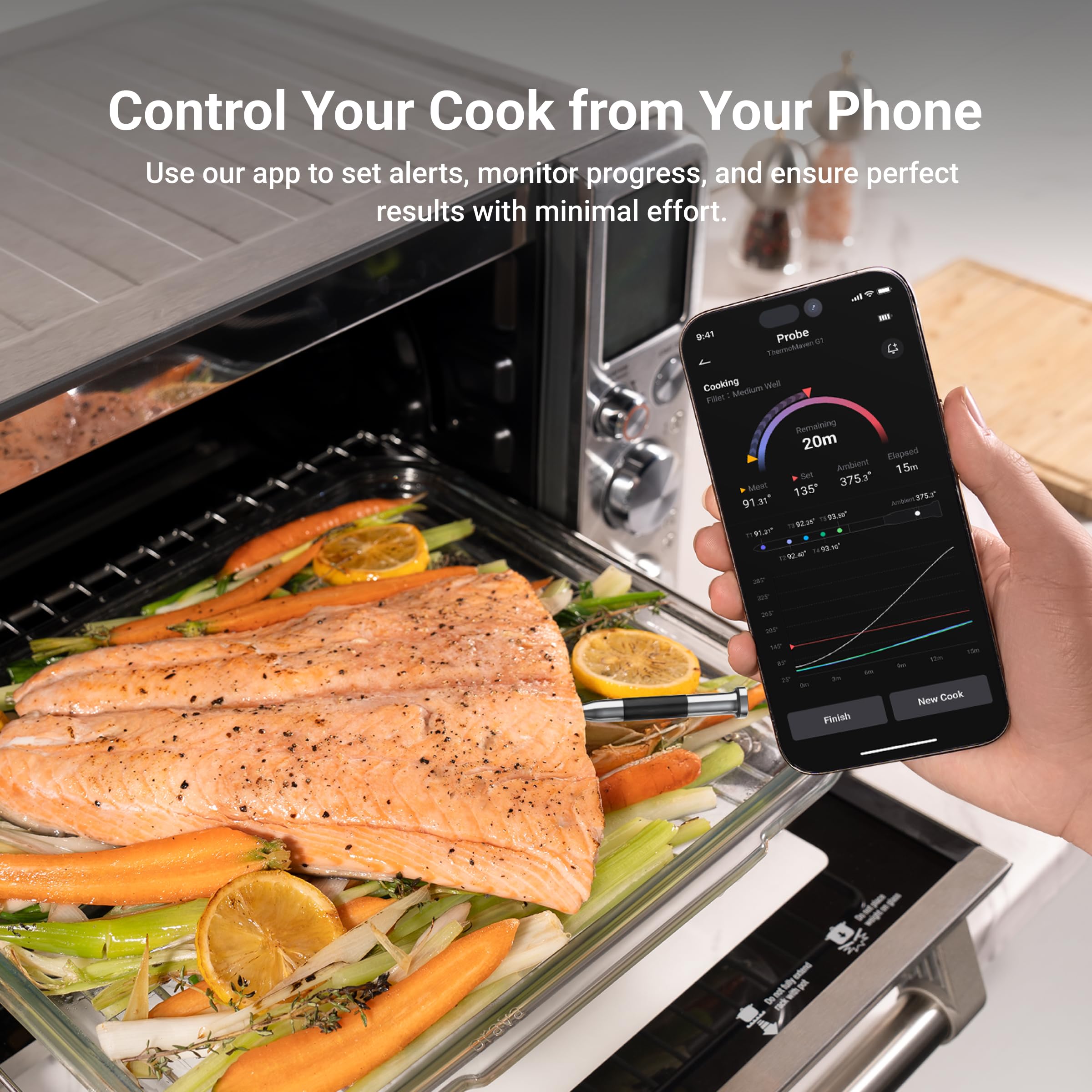 ThermoMaven app en móvil mostrando alertas, control remoto cómodo