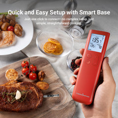 ThermoMaven sonda insertada en parrilla durante asado, monitoreo a distancia