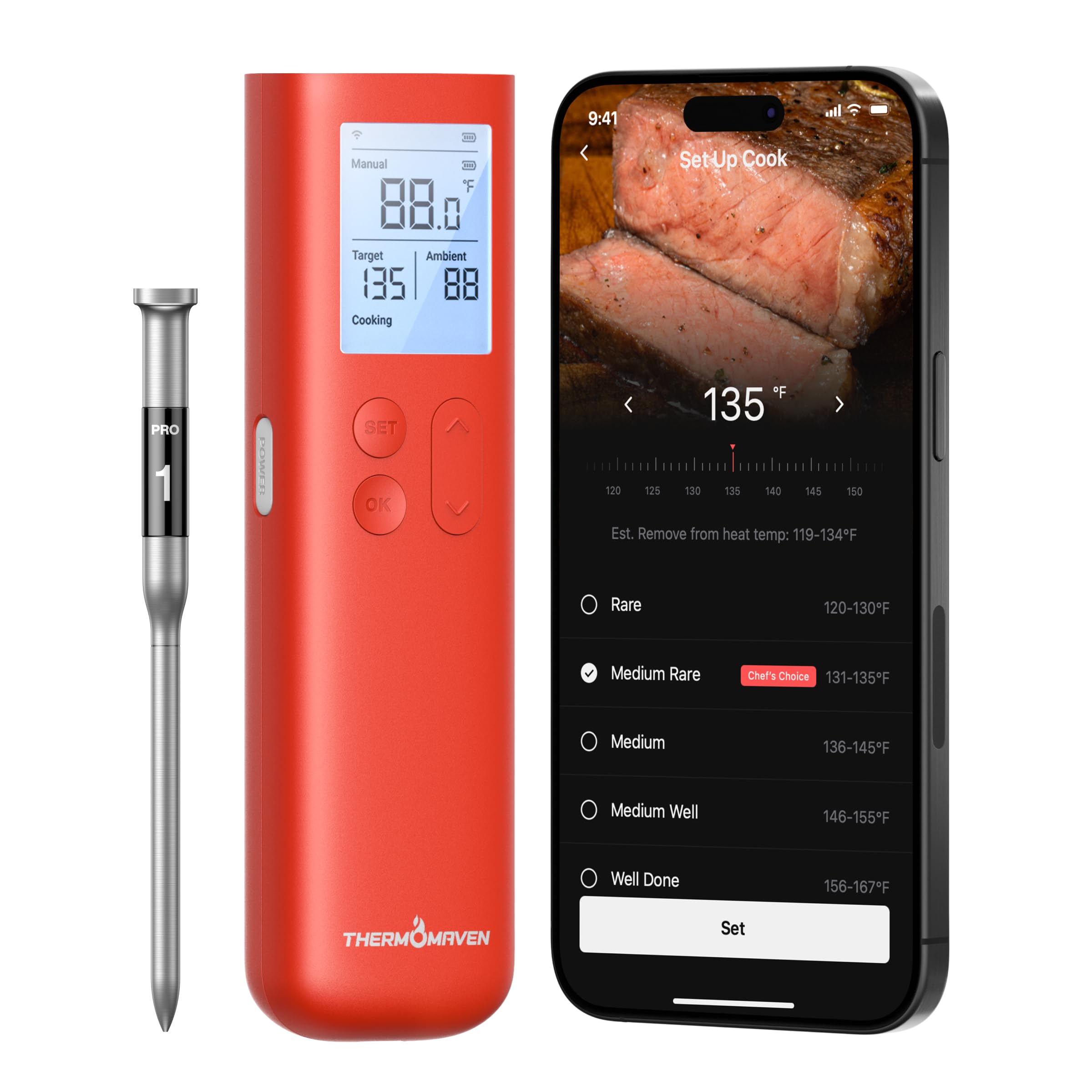 ThermoMaven frente con base mostrando temperatura, control sin app