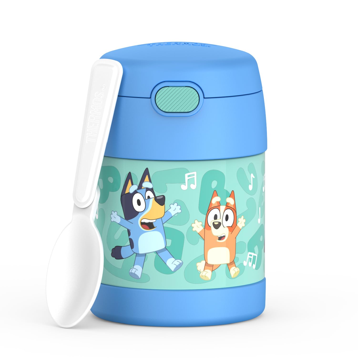 THERMOS FUNtainer vista frontal del envase azul mostrando etiqueta y diseño resistente