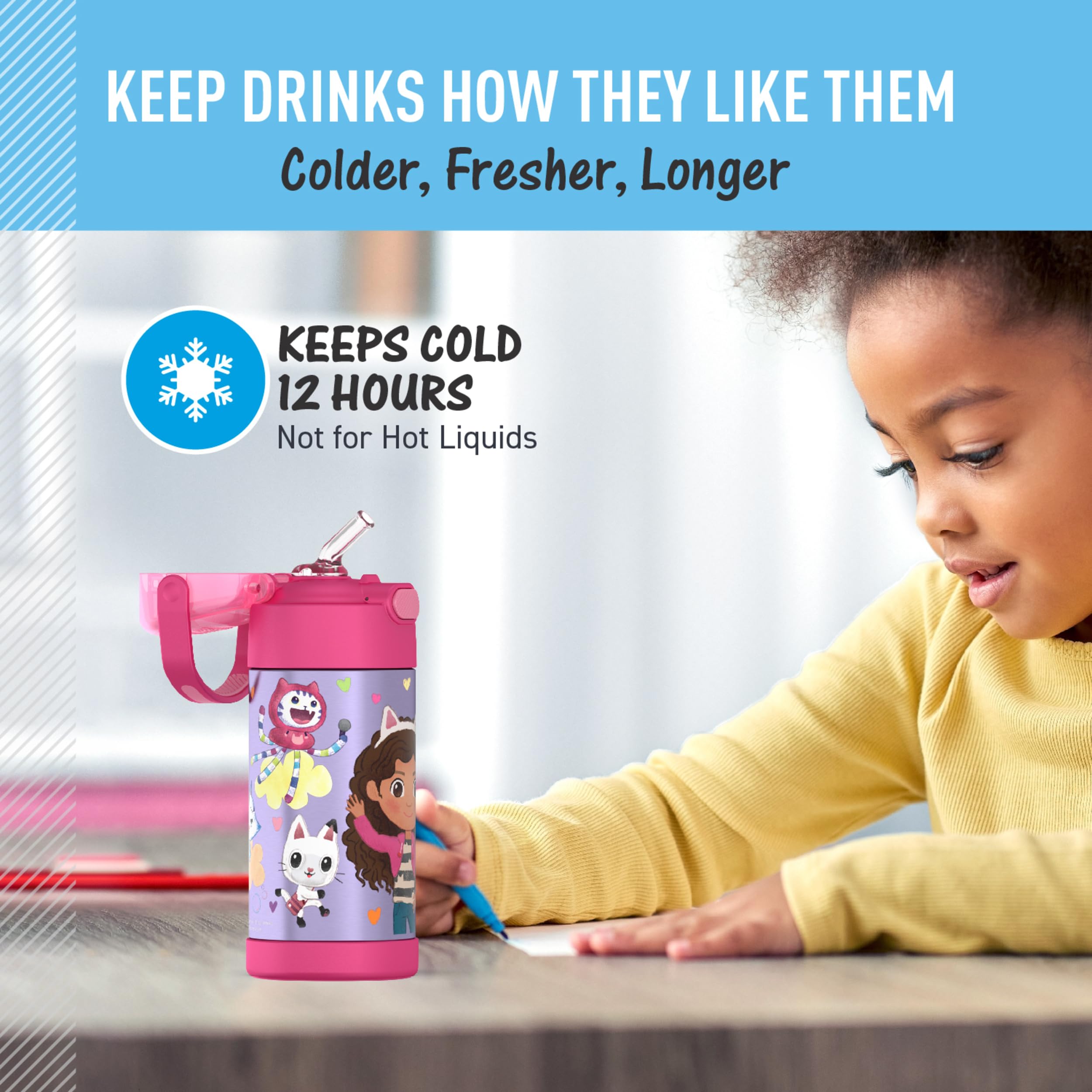 THERMOS FUNtainer junto a mano de niño, tamaño liviano y agarre cómodo
