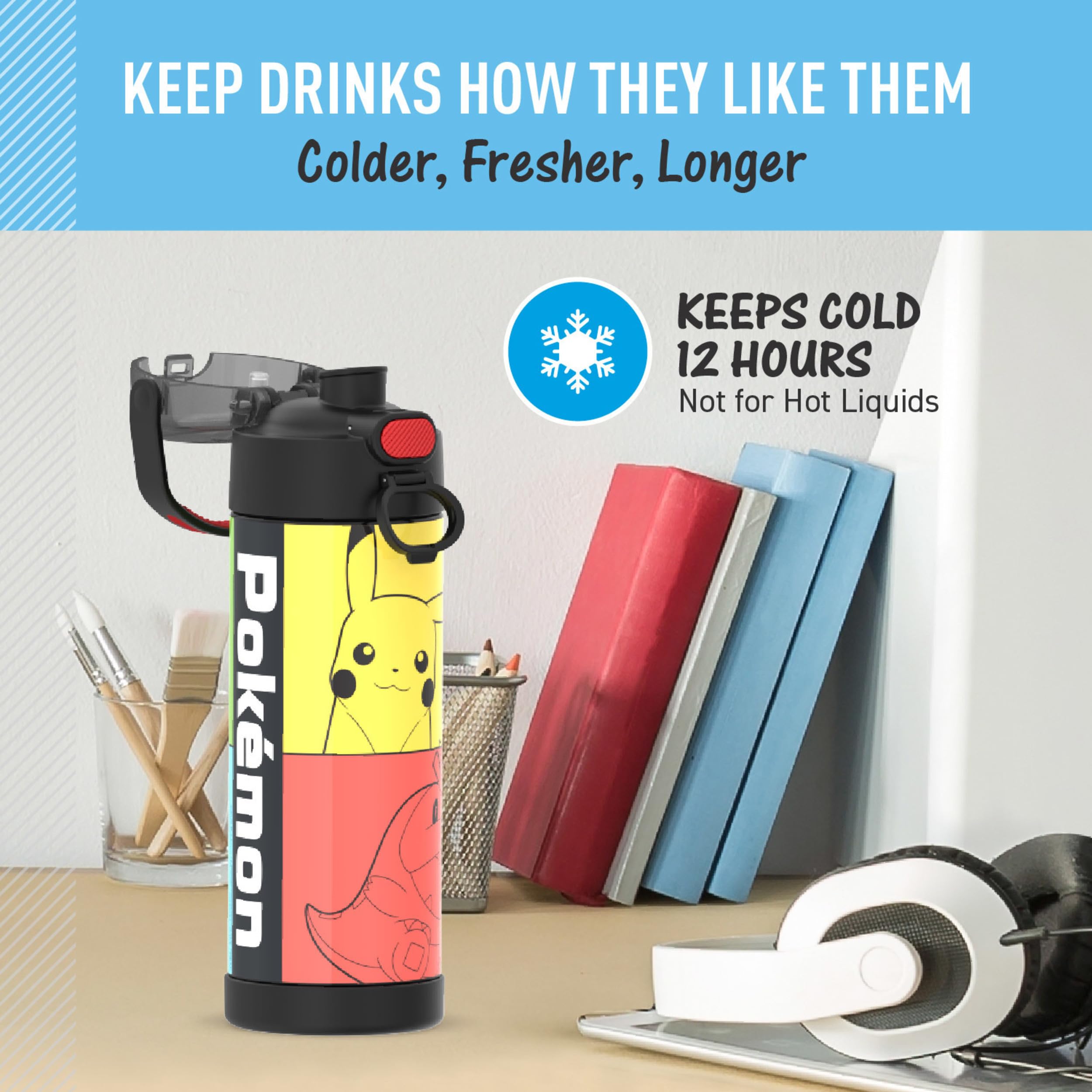 THERMOS FUNtainer comparación de tamaño, THERMOS cabe en portavasos y mochilas