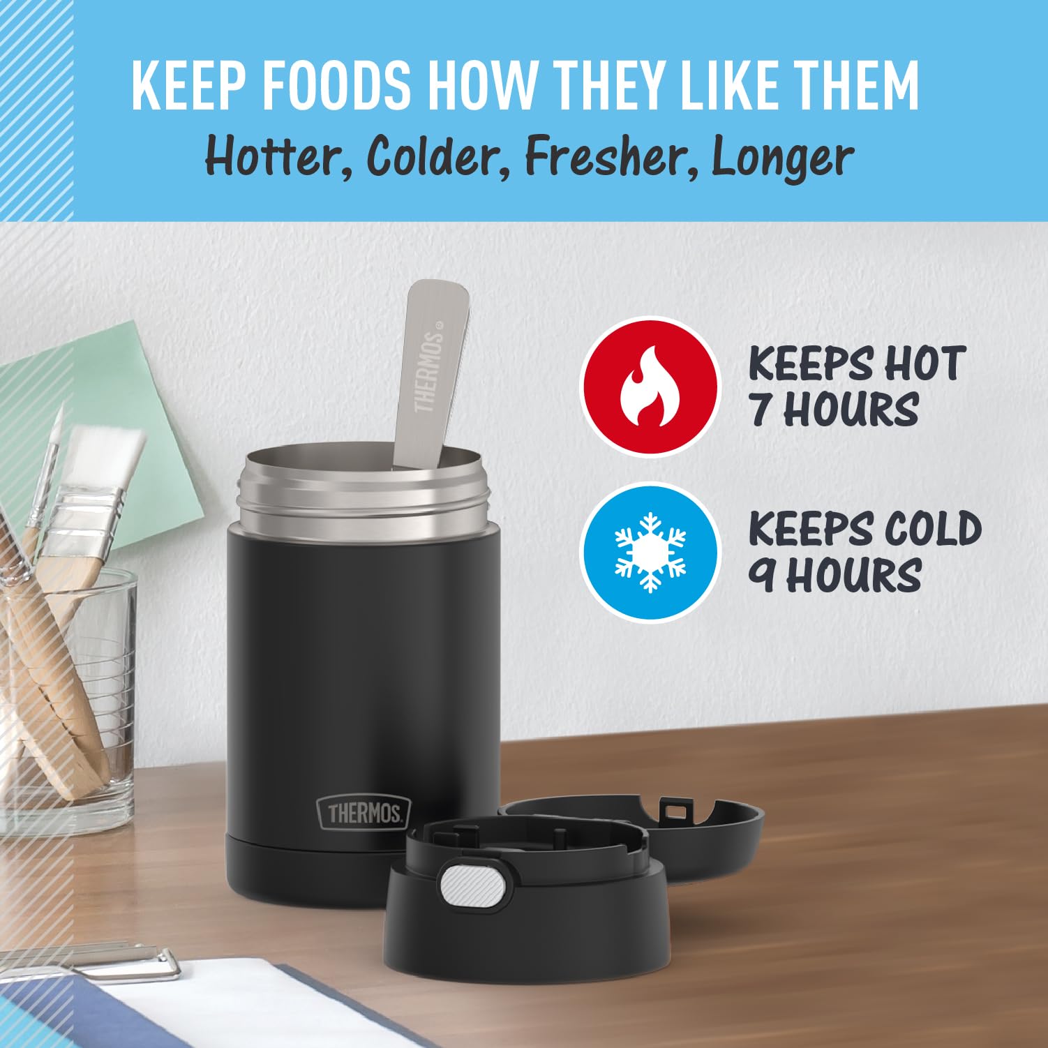 THERMOS funtainer colocado dentro de una lonchera escolar práctico y compacto