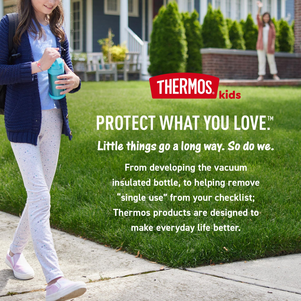 THERMOS FUNtainer etiqueta mostrando materiales 18/8 y libre de BPA, seguridad durable