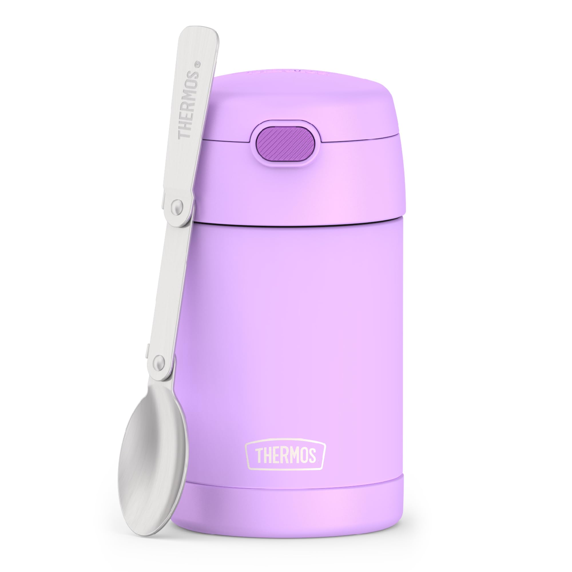 THERMOS FUNtainer vista frontal morado neón con cierre seguro