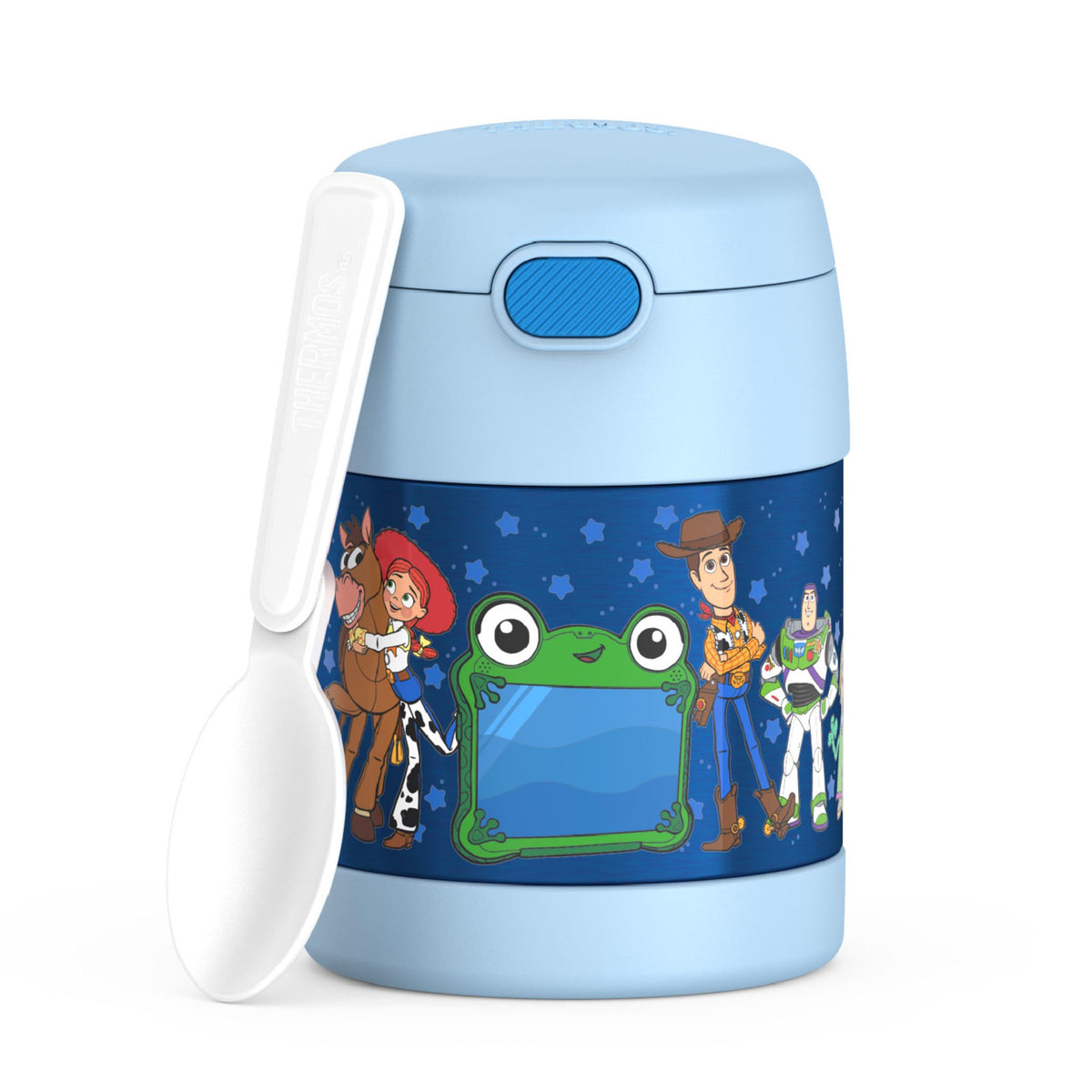 THERMOS FUNTAINER vista frontal del envase con diseño Toy Story 5, atractivo para niños