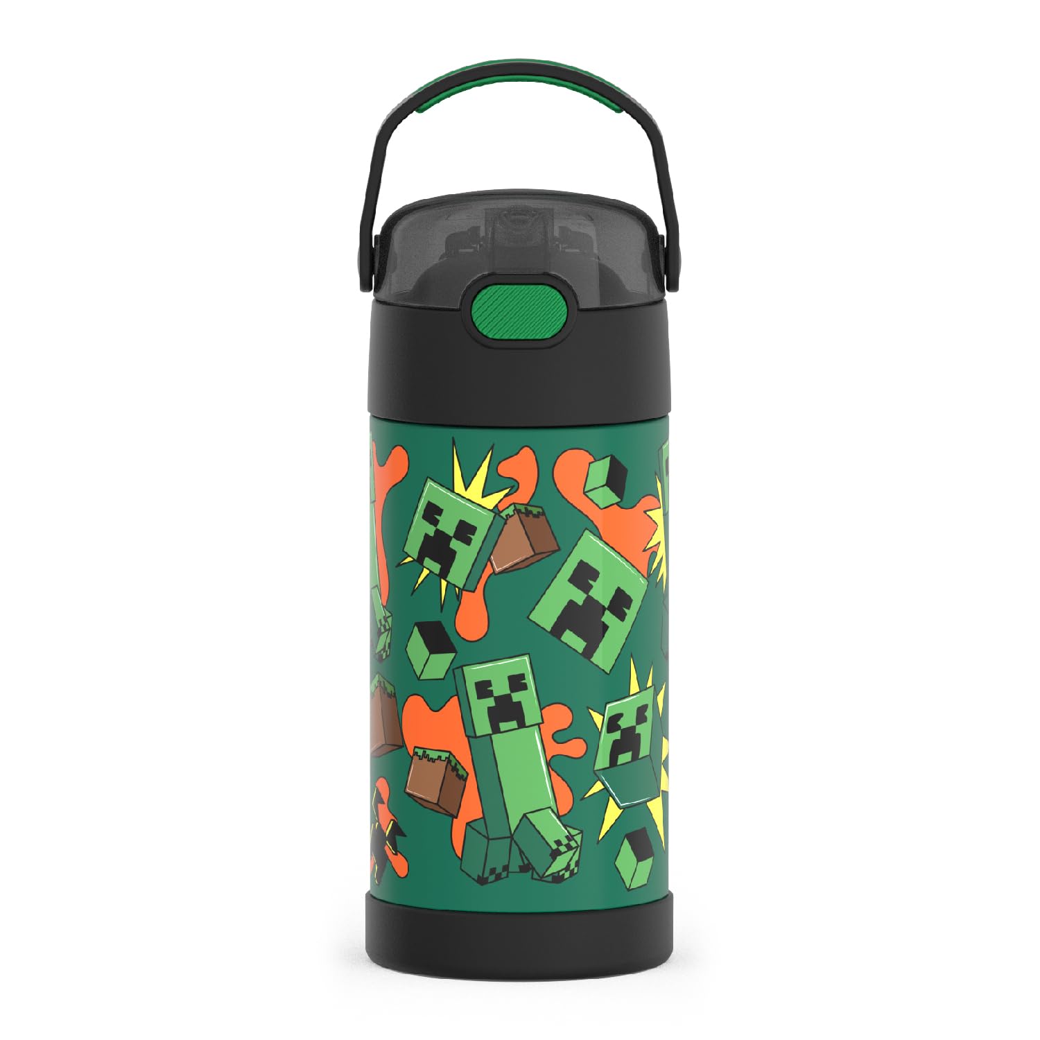 THERMOS FUNtainer front view showing Minecraft design and durable finish benefit