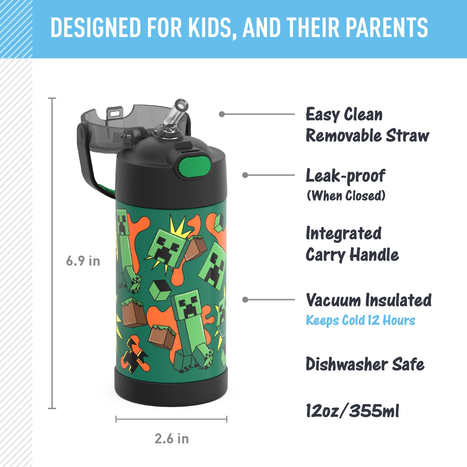 THERMOS FUNtainer push-button lid open, brand convenience for easy drinking