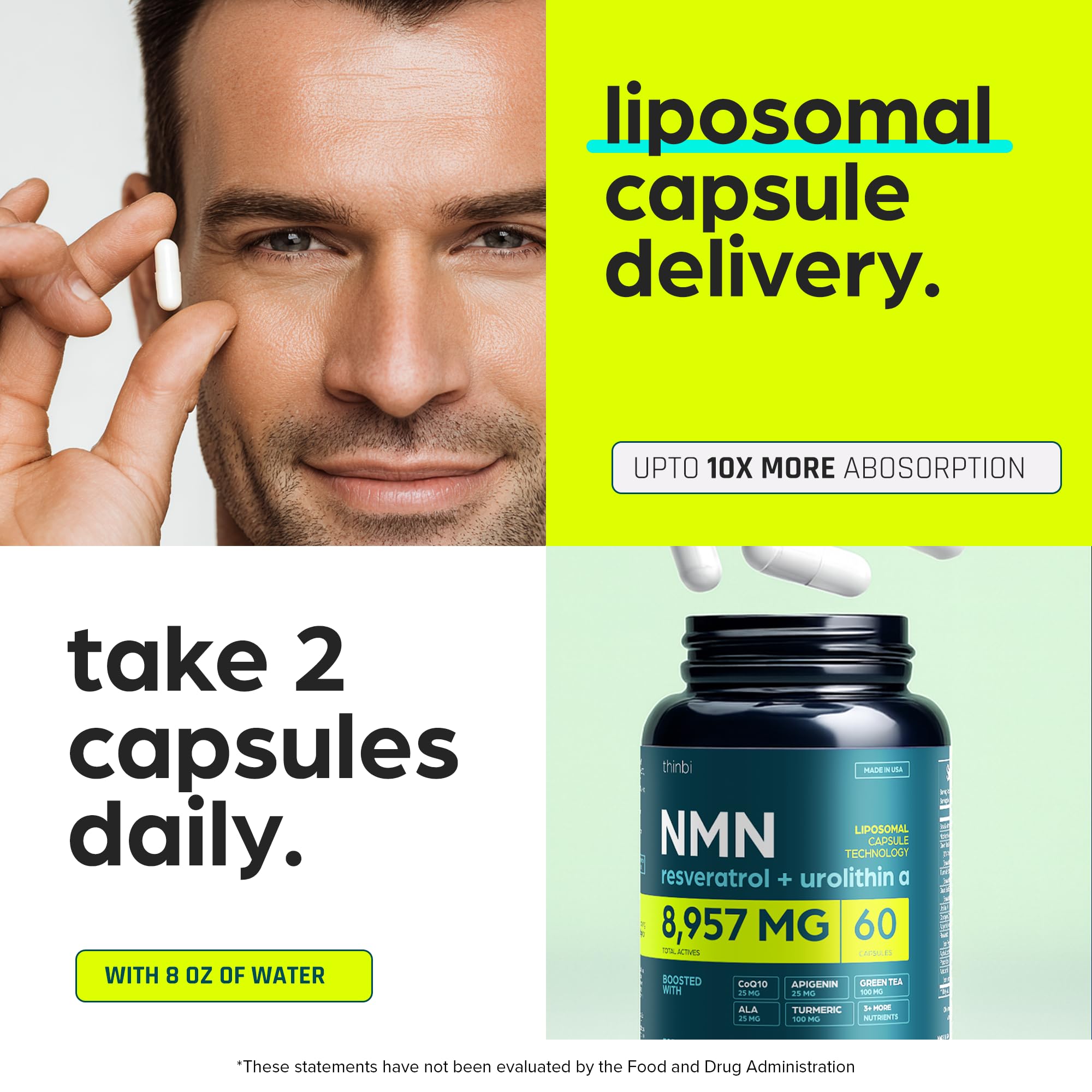 Thinbi bottle open with capsules beside it to show count and scale