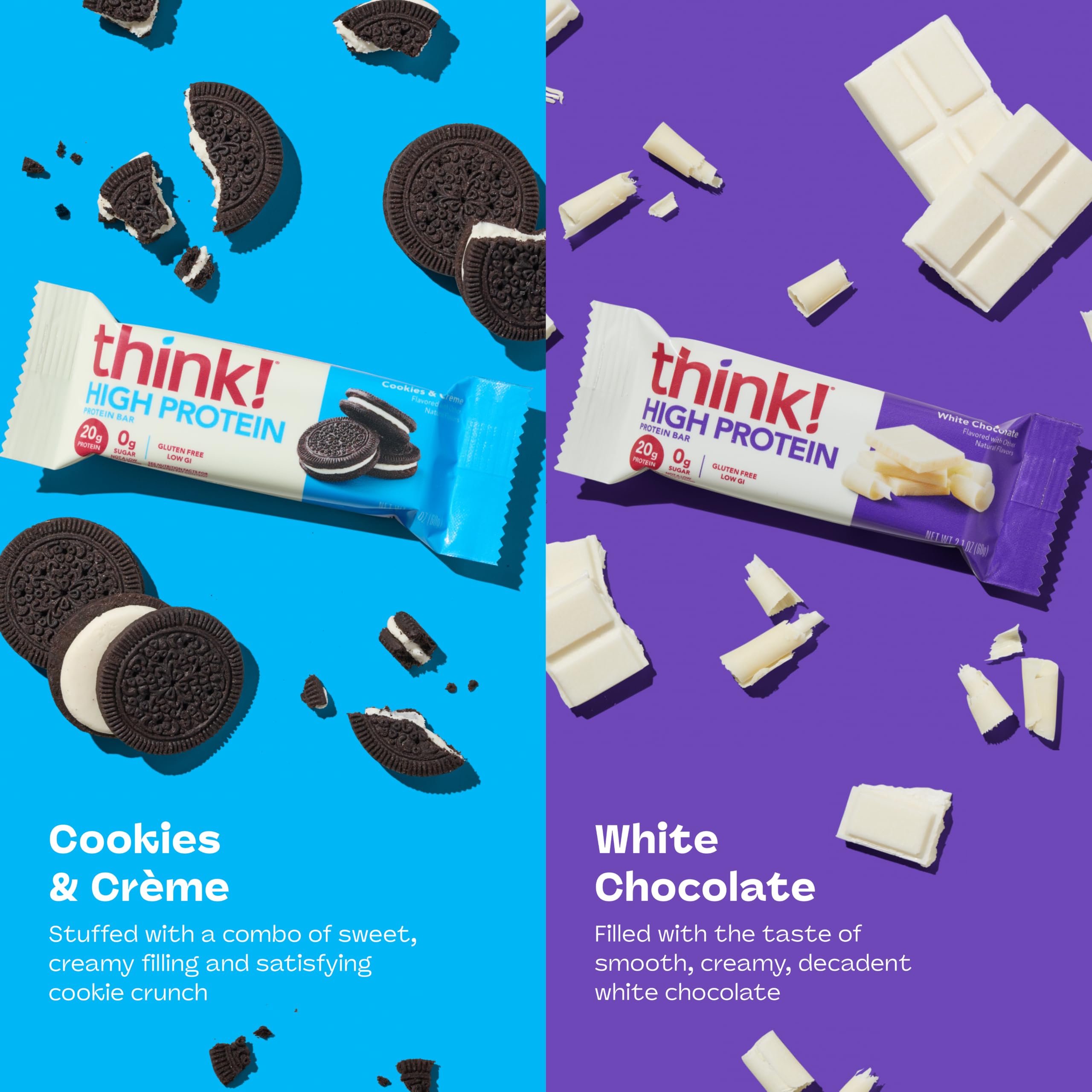 think! Cookies & Crème envase abierto mostrando galleta y crema sabrosa