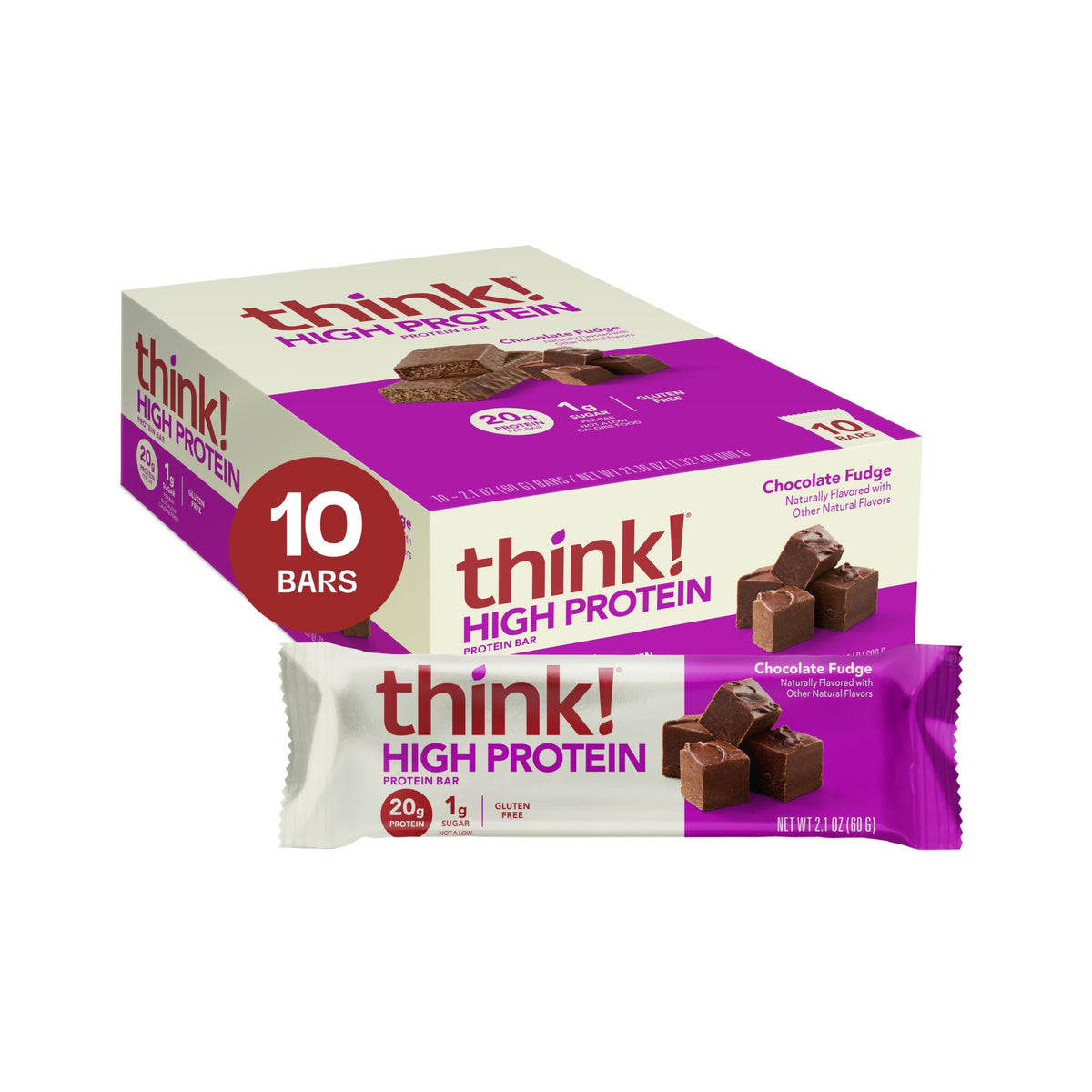 think! front packaging showing 10-count box and chocolate fudge benefit
