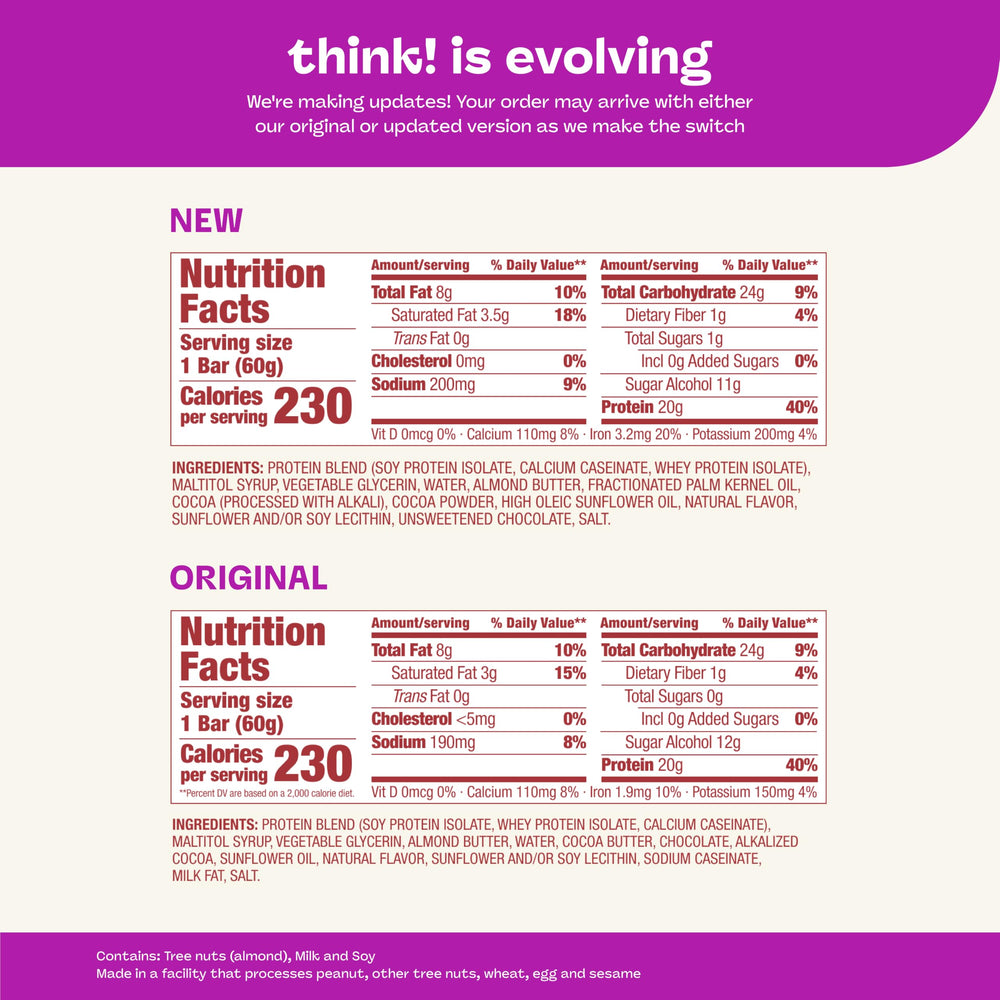 think! pack next to nutrition label illustrating 20g protein and 0g sugar