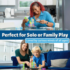 ThinkFun primer plano de una torre mostrando encaje estable y resistencia