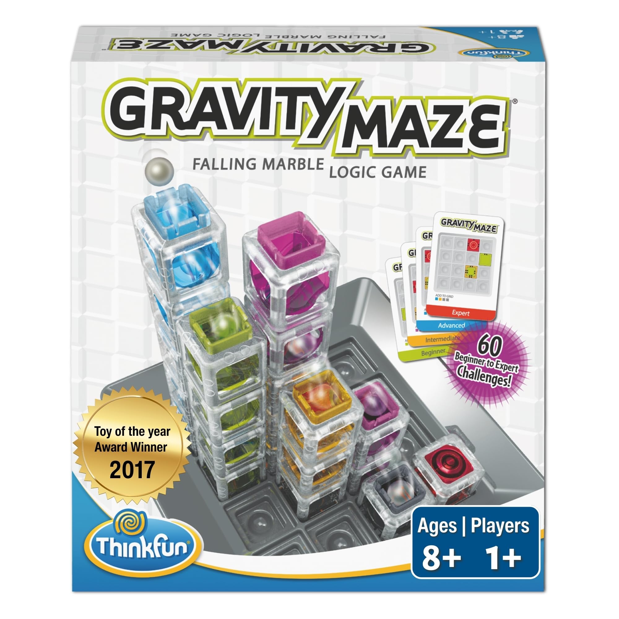 ThinkFun caja frontal del Gravity Maze mostrando componentes y beneficios educativos