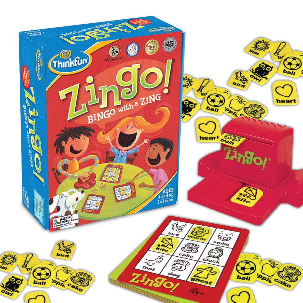 ThinkFun caja frontal del juego Zingo mostrando diseño y premios