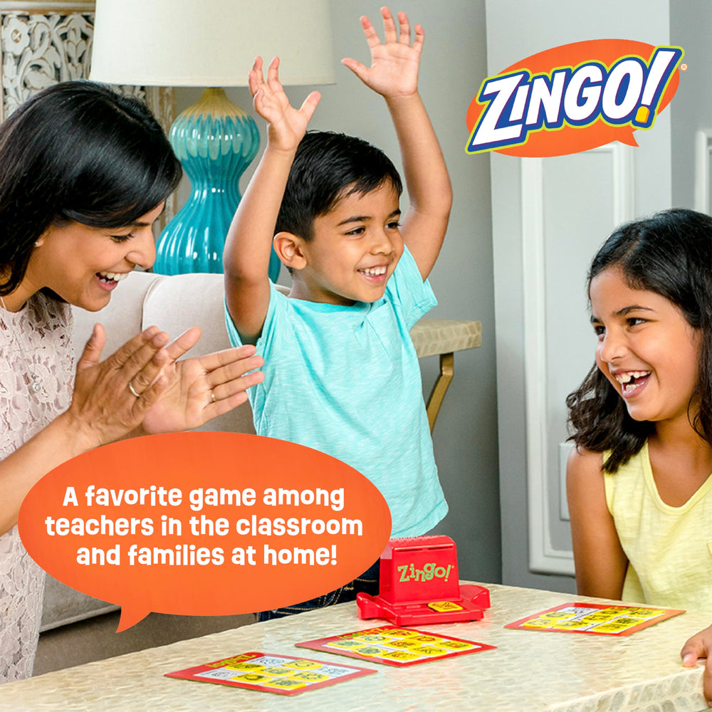 ThinkFun niños y adultos jugando Zingo fomentando aprendizaje conjunto