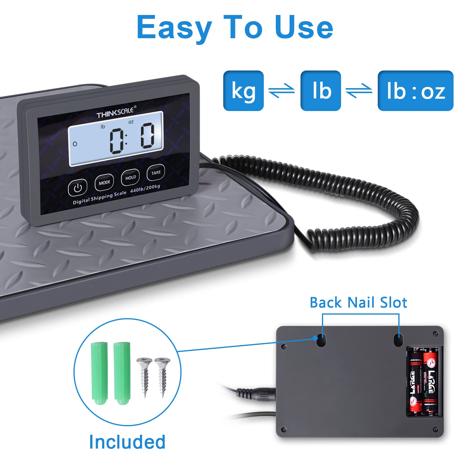 THINKSCALE comparación tamaño junto a caja mediana, capacidad 440 lb