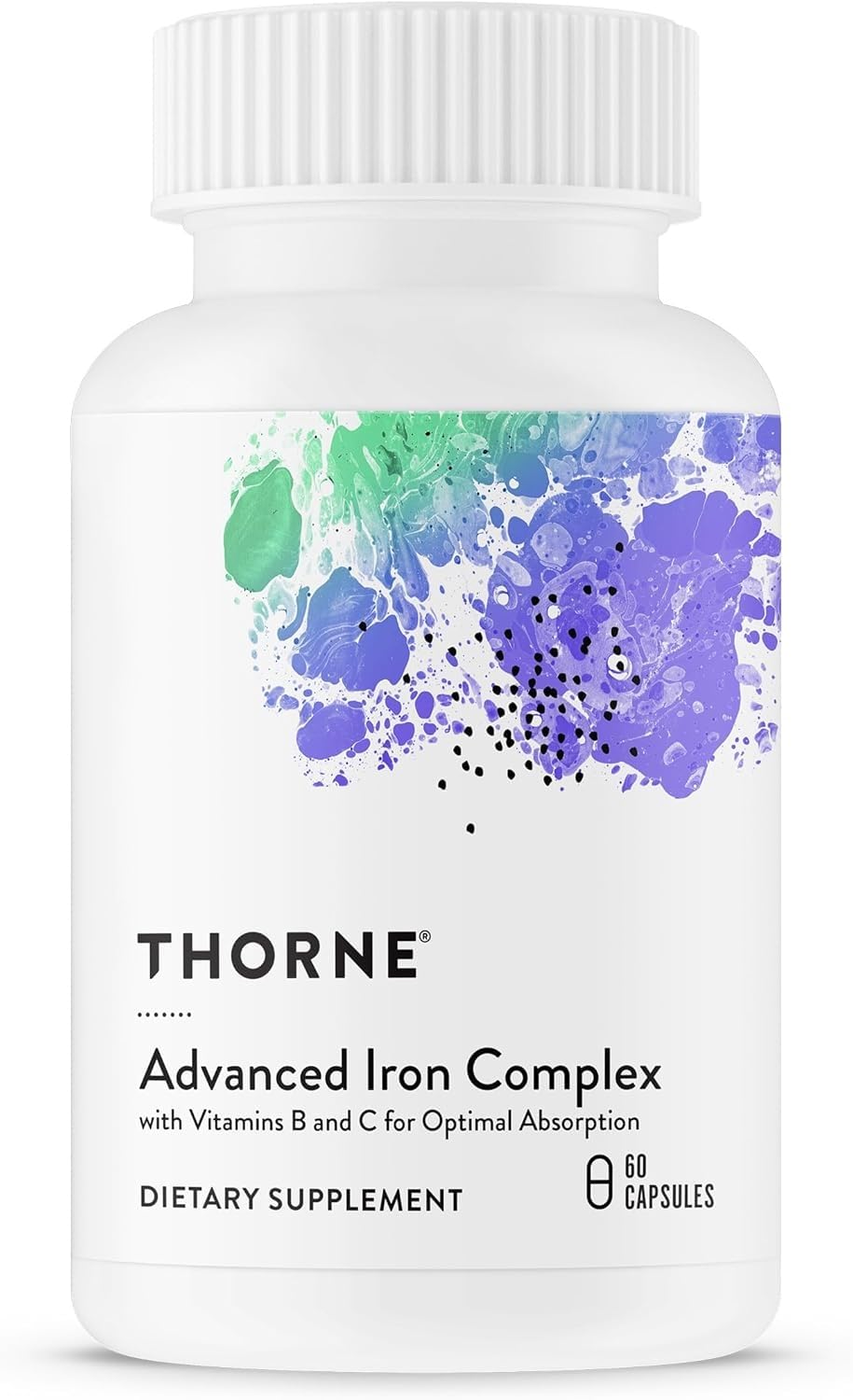THORNE front packaging showing the Advanced Iron Complex bottle and benefits