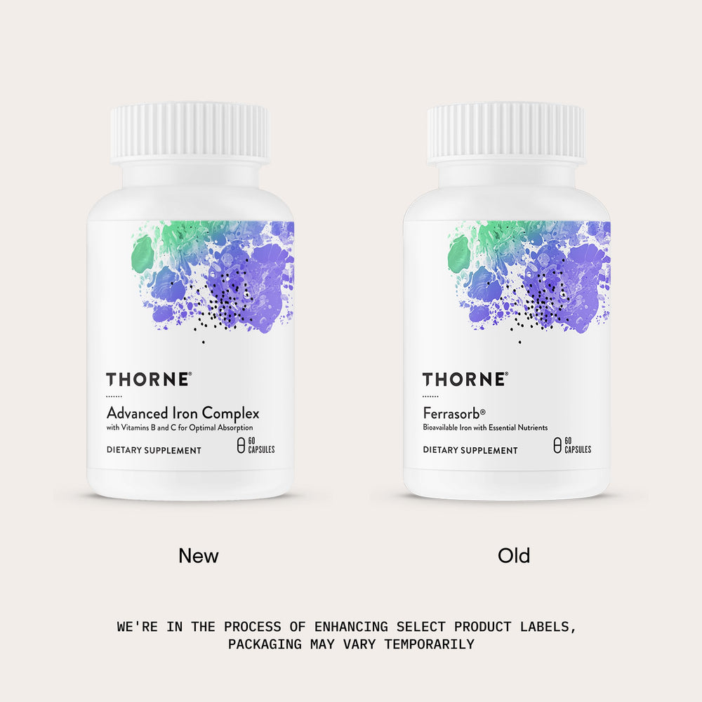 THORNE ingredient label highlighting iron bisglycinate, B12, B6, and L-5-MTHF contents