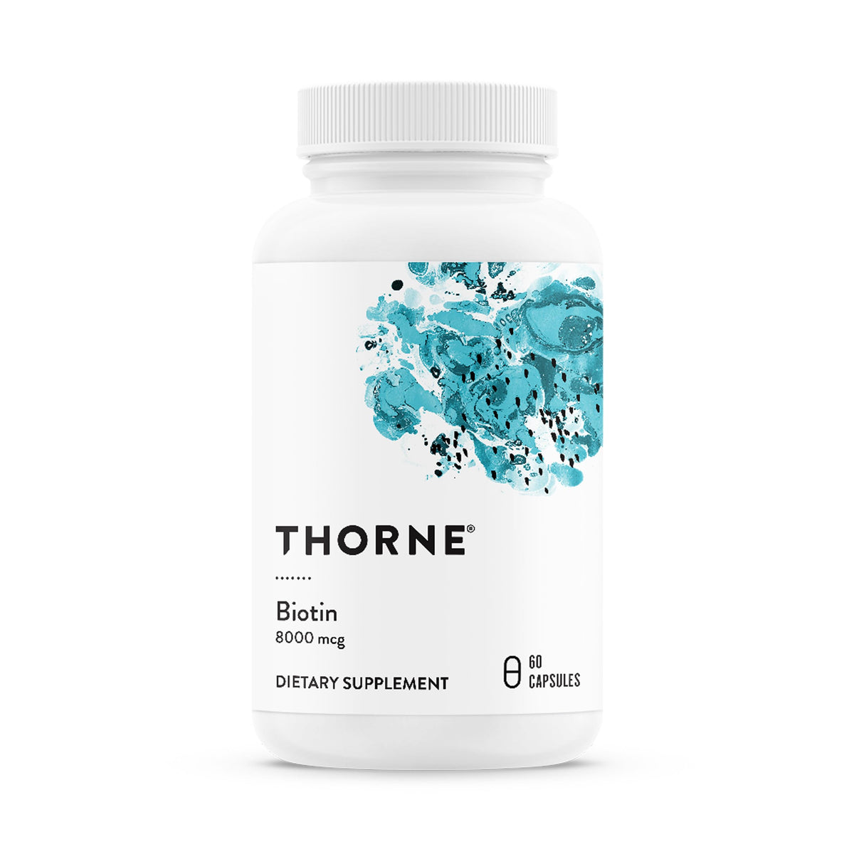 THORNE envase frontal de Biotin 8 mg mostrando diseño claro y cantidad