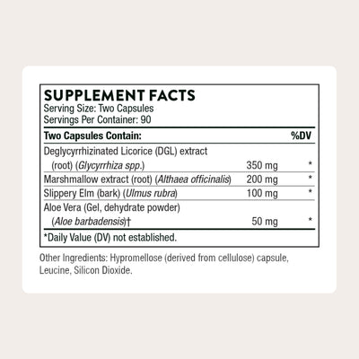 THORNE detalle de la etiqueta con lista de ingredientes y beneficios