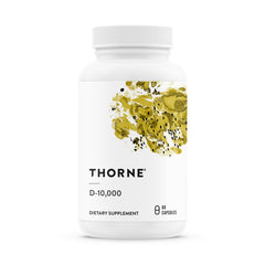 THORNE frente del empaque mostrando envase y dosis 10.000 UI, confianza y pureza