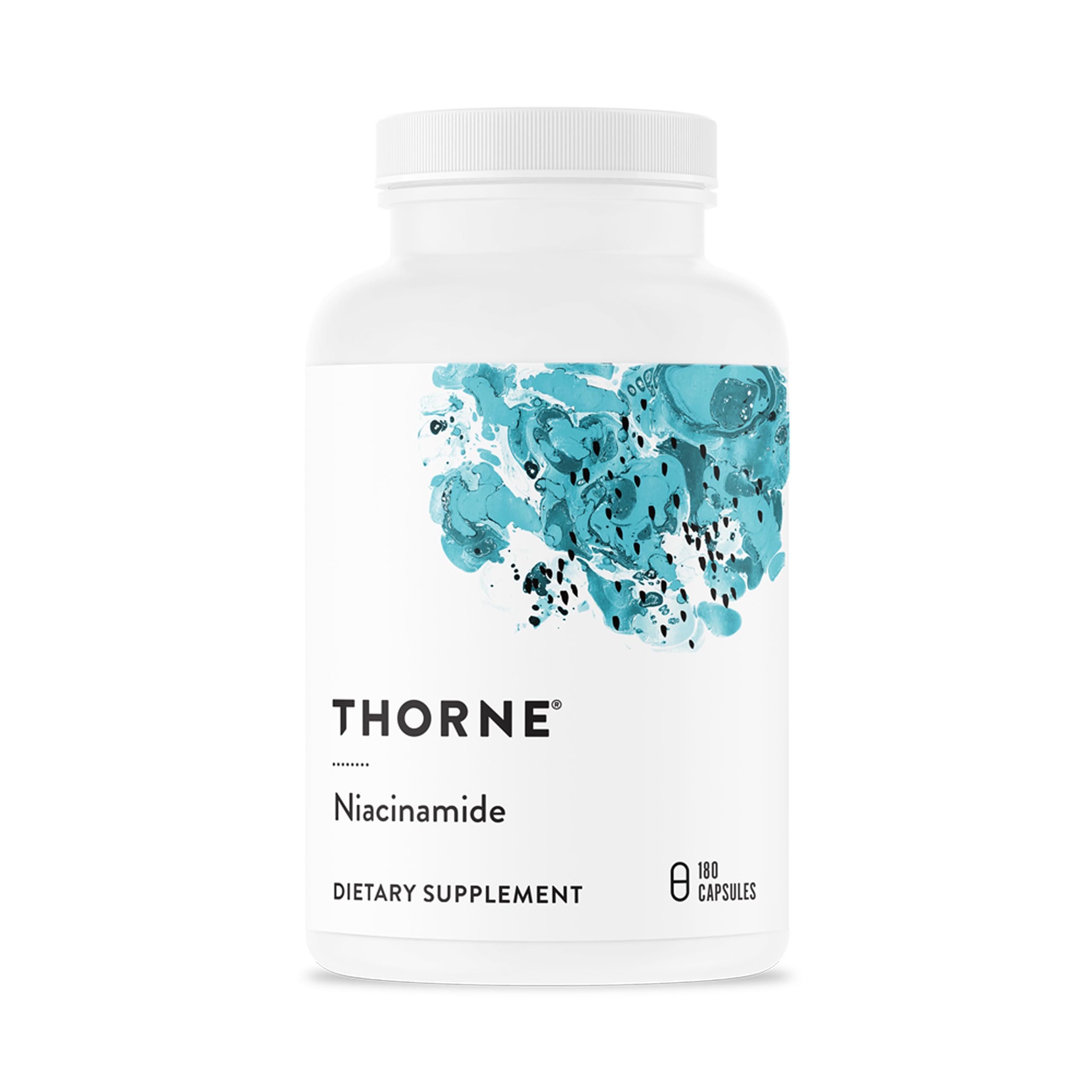 THORNE frasco frontal de Niacinamide 500 mg con etiqueta clara y confianza