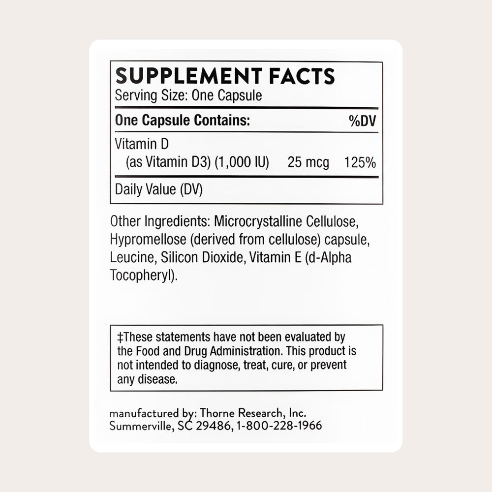 THORNE bottle with cap open revealing capsules, highlighting convenience of daily use