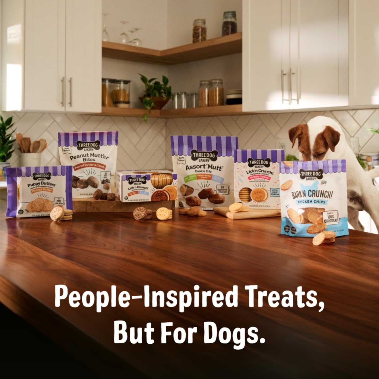 Three Dog Bakery cierre resellable abierto que conserva frescura y aroma