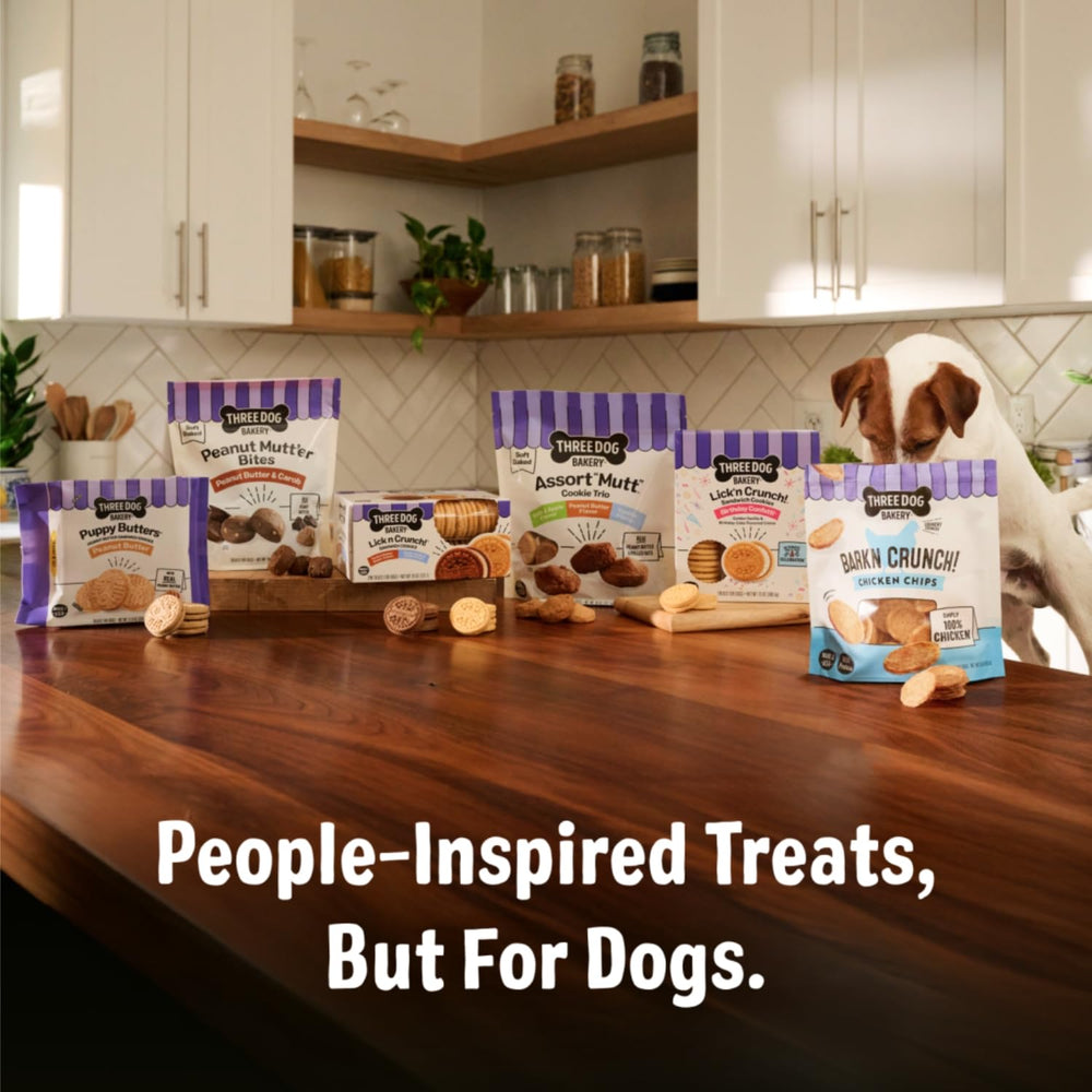 Three Dog Bakery cierre resellable abierto que conserva frescura y aroma