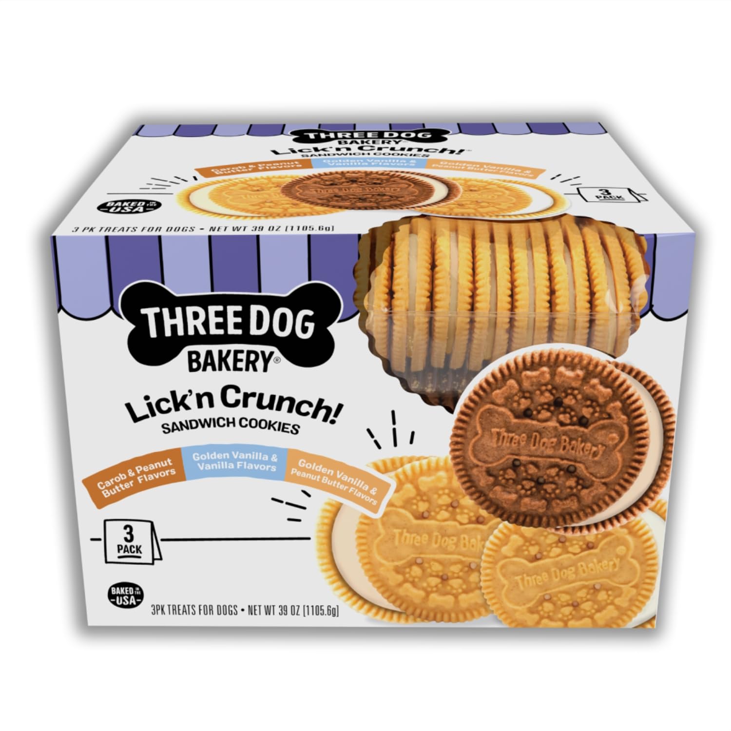 Three Dog Bakery frente del paquete mostrando los tres sabores y cierre resellable