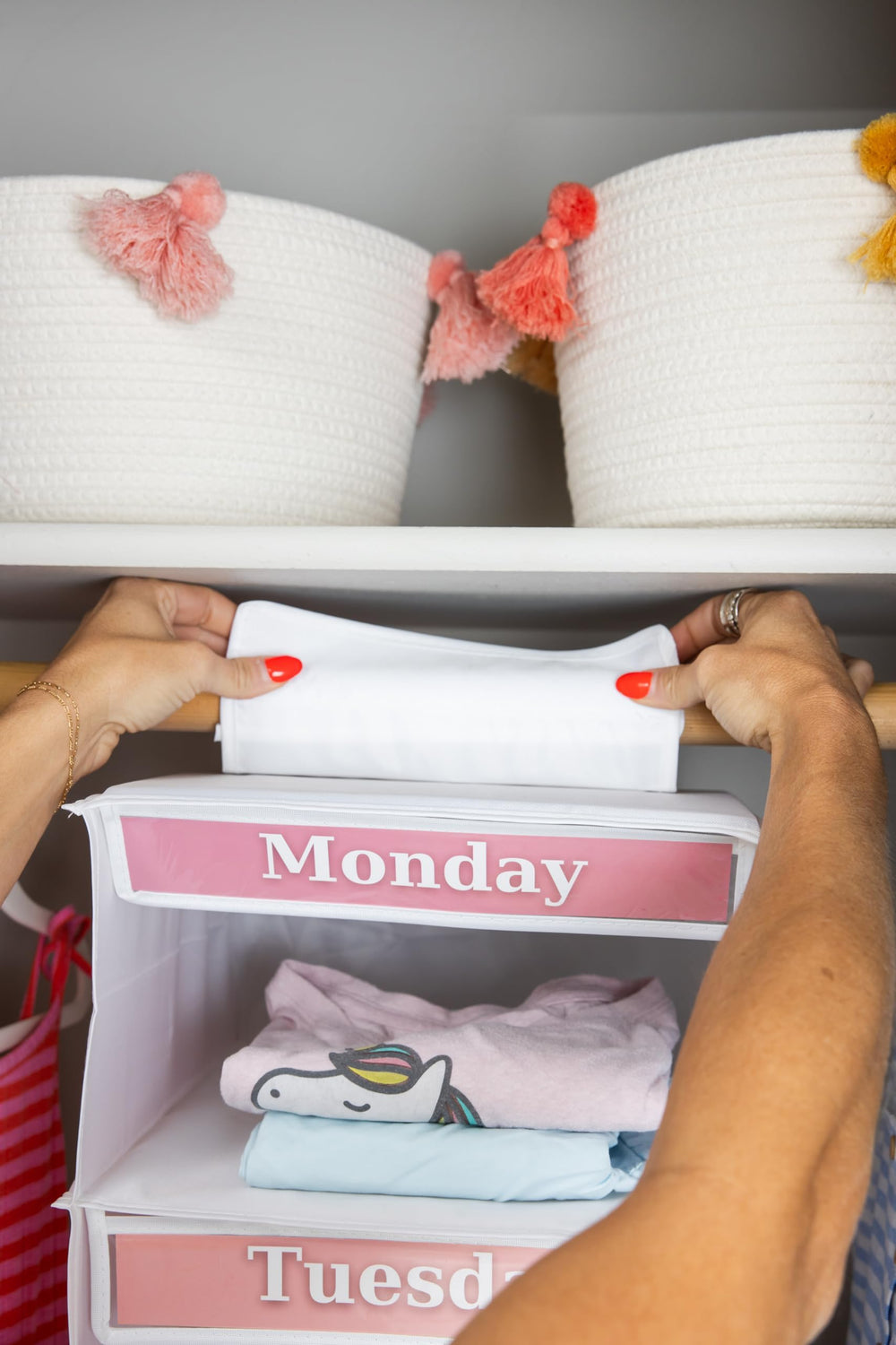 Three Sweet Peas Co five shelves filled with complete outfits showing time-saving weekly prep