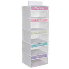 Three Sweet Peas Co front view of five-shelf hanging organizer showing weekday labels and structure for quick outfit access