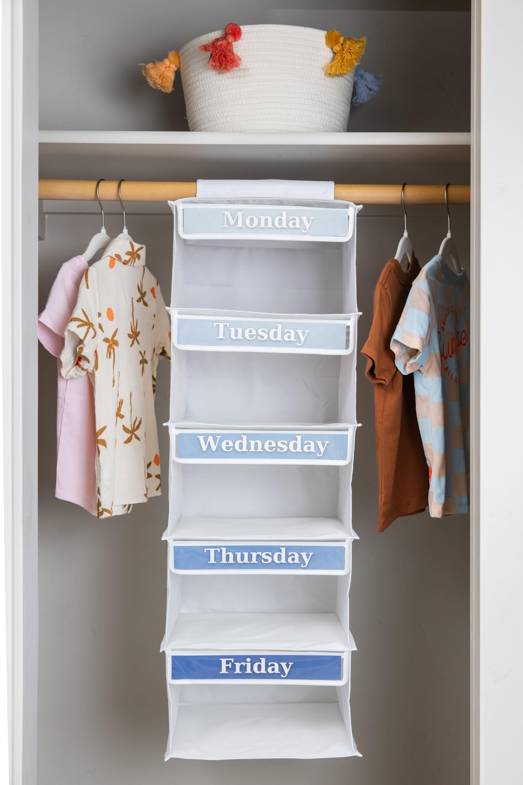 Three Sweet Peas Co organizer in a bedroom lifestyle shot showing tidy weekly wardrobe planning