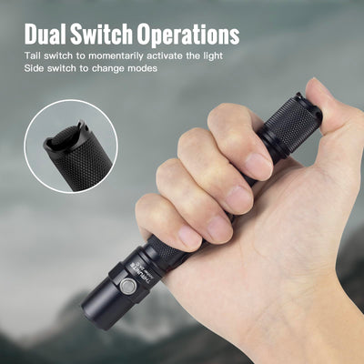 ThruNite Archer 2A C displayed with 2 AA batteries illustrating backup power option