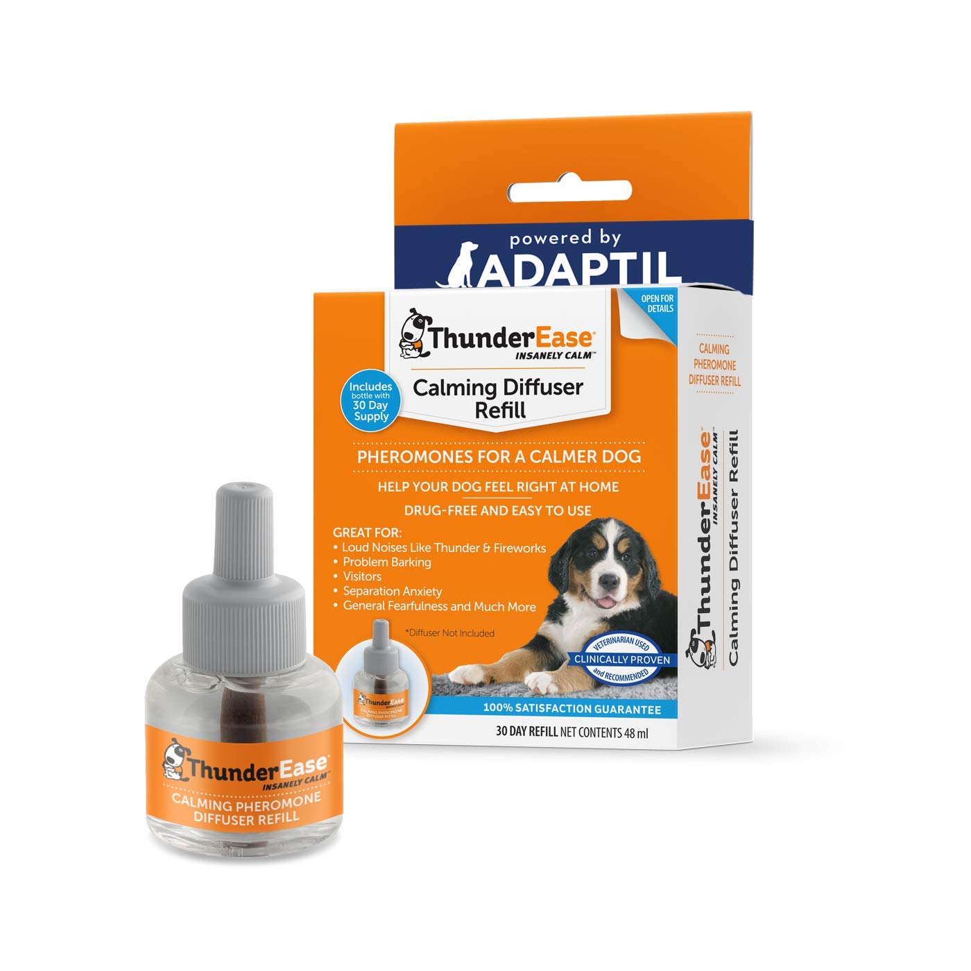 ThunderEase front packaging showing refill bottle and vet-recommended badge for calm