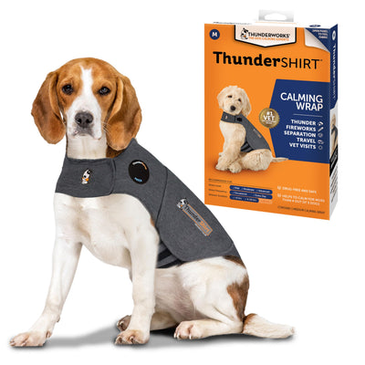 Thundershirt vista frontal mediano en heather gray mostrando ajuste cómodo y efecto calmante