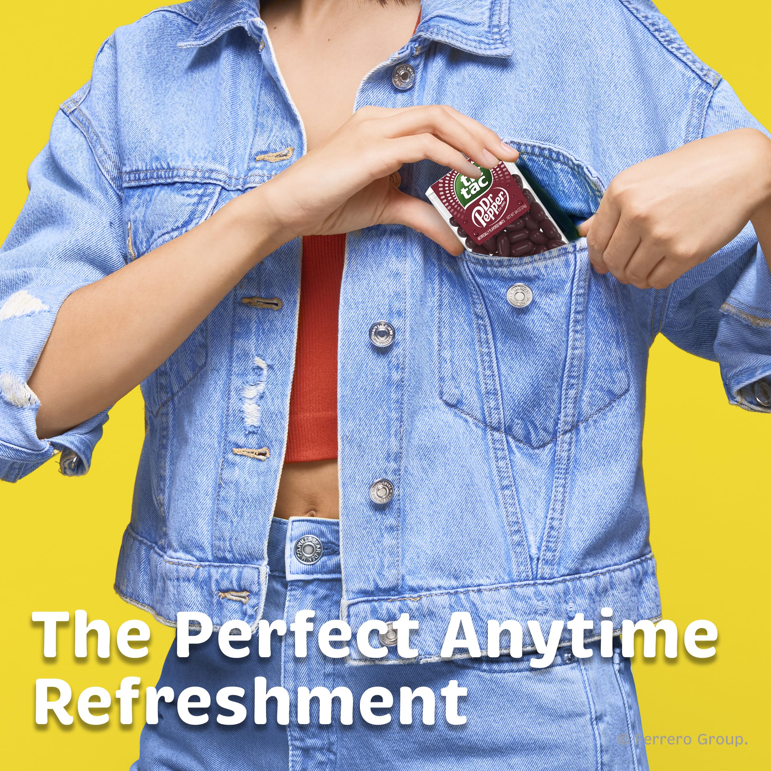 Tic Tac Dr Pepper en mano para comparar tamaño y porciones compartibles