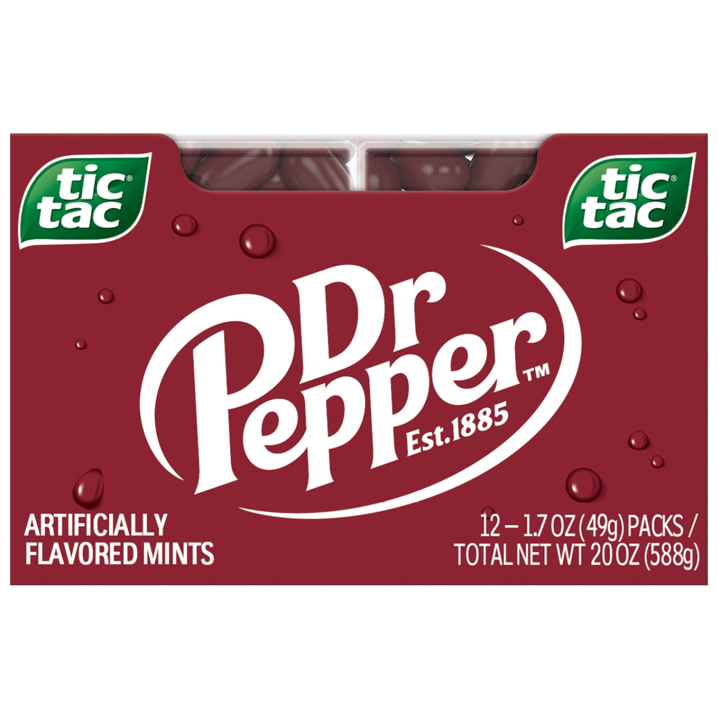 Tic Tac Dr Pepper mostrando el frente del empaque para transporte fácil