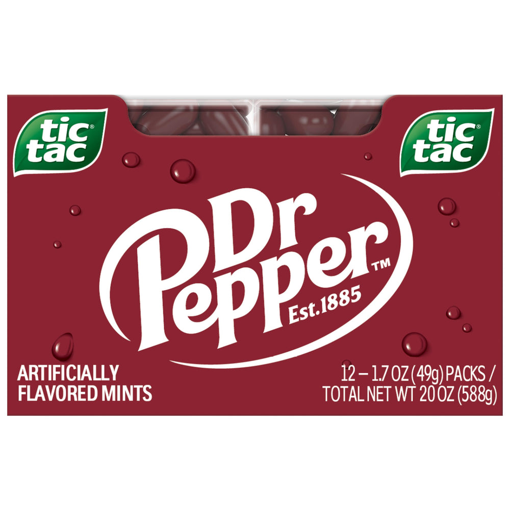 Tic Tac Dr Pepper mostrando el frente del empaque para transporte fácil