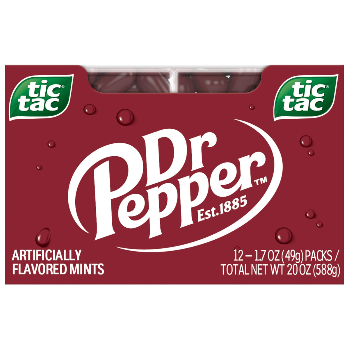 Tic Tac Dr Pepper mostrando el frente del empaque para transporte fácil