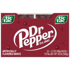 Tic Tac Dr Pepper mostrando el frente del empaque para transporte fácil